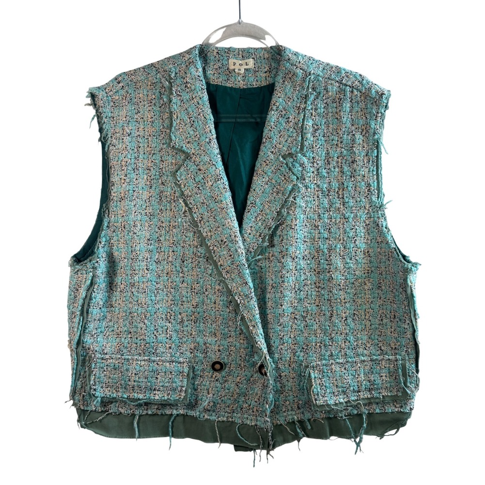 POL Tweed Vest Blazer Sleeveless Jacket Distressed Blue Cream Small Oversized S‎
